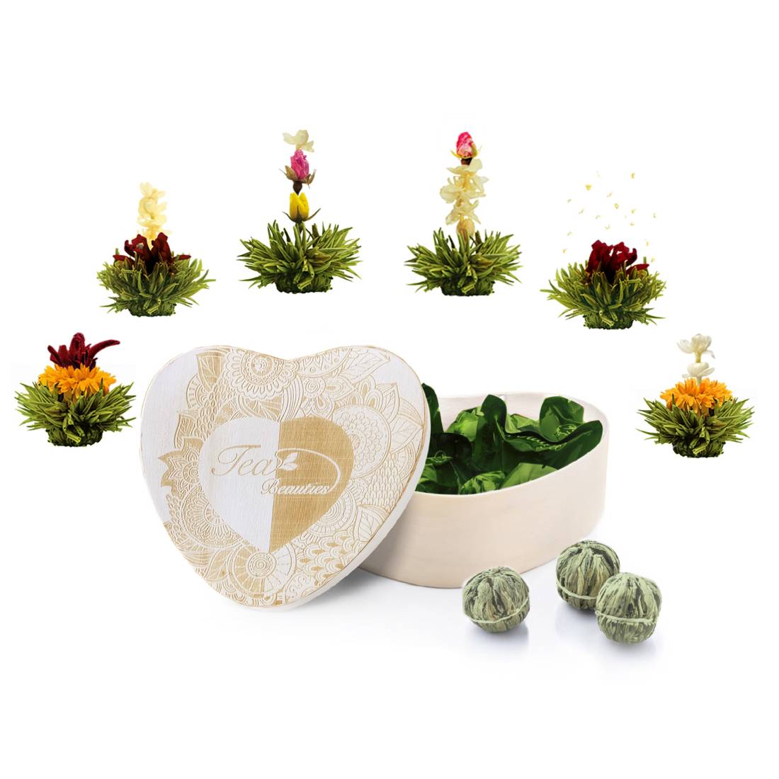 6 Tisane Fiorite Green Tea in Scatola Cuore di Legno