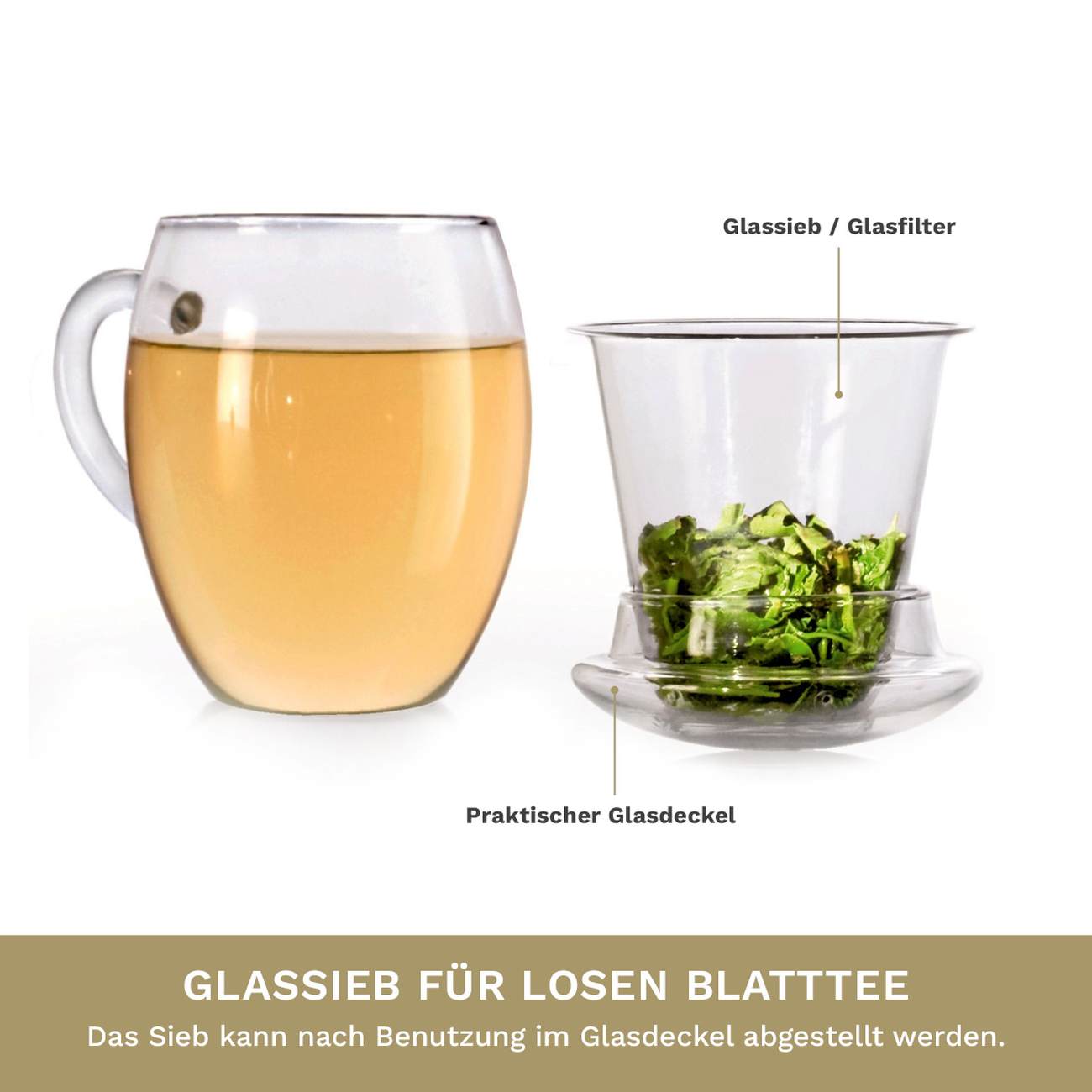Bicchiere Da Tè Creano Con Filtro E Coperchio In Vetro 400 Ml - immagine 5