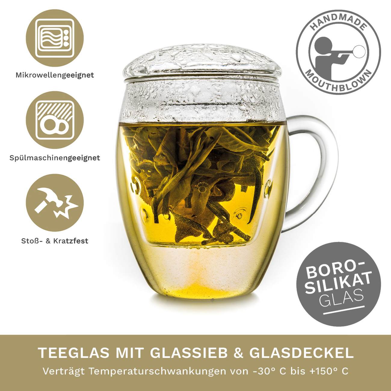 Bicchiere Da Tè Creano Con Filtro E Coperchio In Vetro 400 Ml - immagine 6
