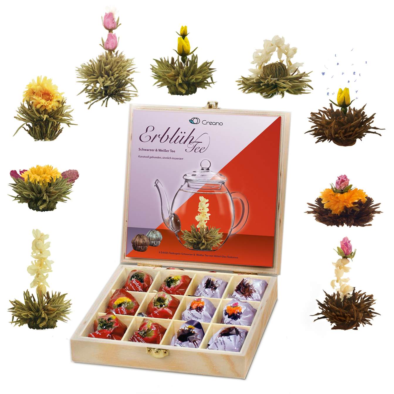 Set Regalo Tè Fiorito Creano Erblühtee in Scatola di Legno – 12 Tè Floreali, 9 Varietà di Tè Bianco e Nero, Idea Regalo - immagine 7