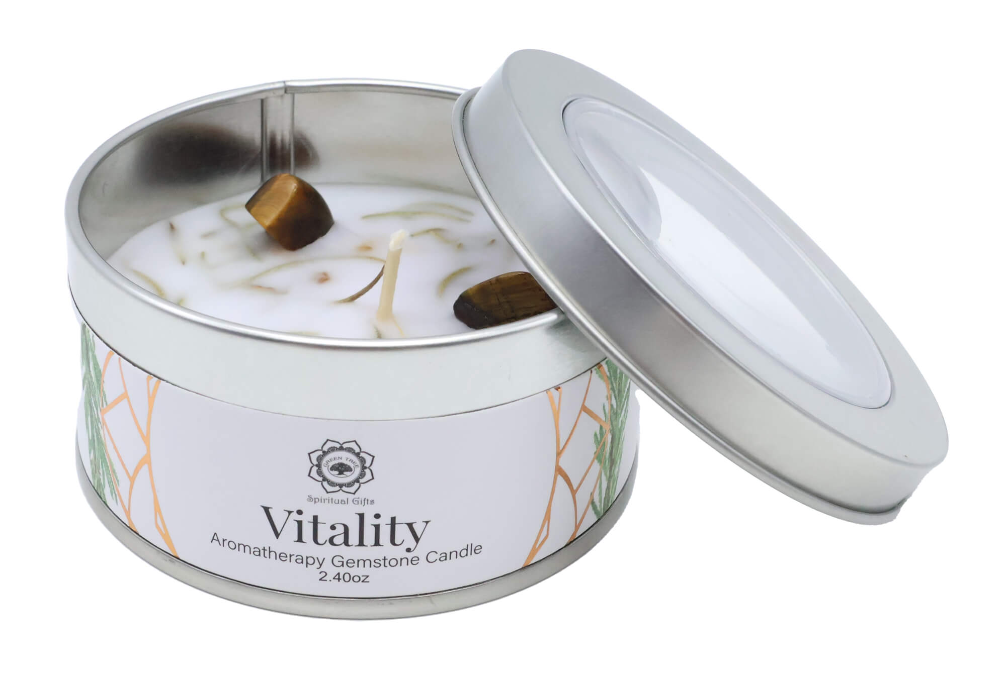 Candele Aromaterapiche in Latta con Gemme Naturali – 70g (Spiritual Balance • Positivity • Vitality) - immagine 2
